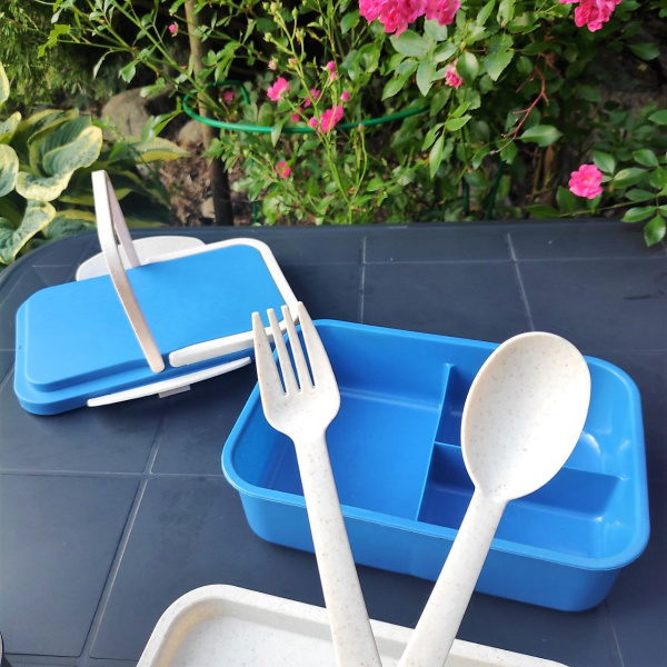 Двухуровневый ЭКО ланч-бокс Inar с приборами 1000 мл. / Контейнер для еды из пшеничного волокна разделенный